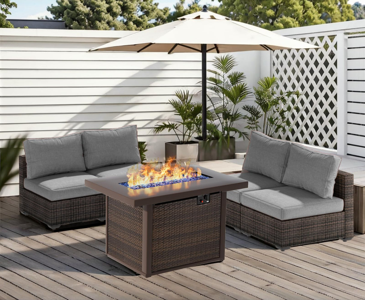 TANGJEAMER 5 Piece Patio Furniture Set with Fire Pit Table, Outdoor Sectional Sofa PE Rattan, Patio Conversation Sets with Cushions for Garden Lawn Balcony Porch Deck Grey TANGJEAMER