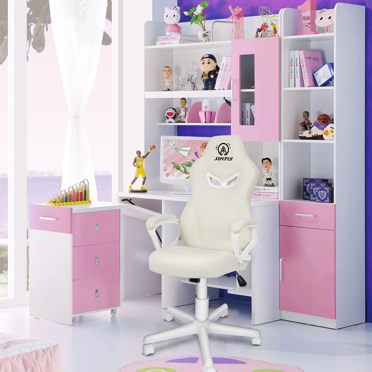 JOYFLY White Gaming Chair, Gaming Chair for Girls Teens, Kawaii Gaming Chair Ergonomic PC Office Chair with Dirt-Resistant Leather(White) JOYFLY