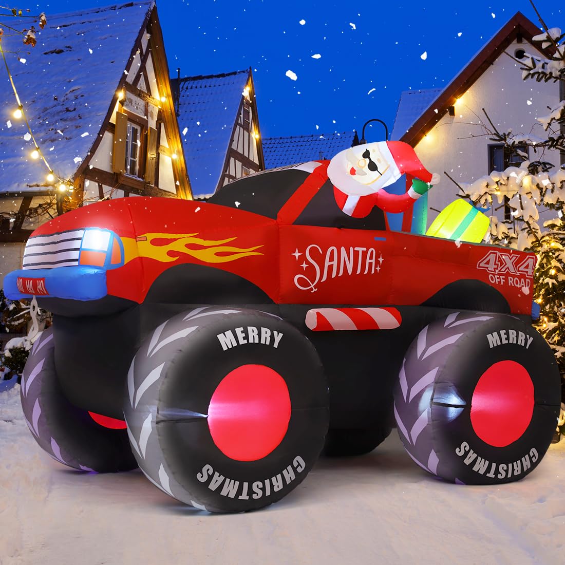 GOOSH 7.5 FT Long Christmas Inflatables Santa Claus Outdoor Decorations Blow Up Yard Snowman with Presents on Truck with Built-in LEDs for Garden Lawn Indoor Party Décor GOOSH