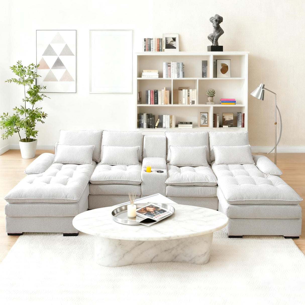 HYJT-H&K 130" U Shaped Comfy Fluffy Cloud Sectional Couches for Living Room, Oversized Modular Sectional Sofa with Chaise Lounge & Tufted Buttons, Modern Linen 6 Seater Sofa Set with Console Beige HYJT-H&K