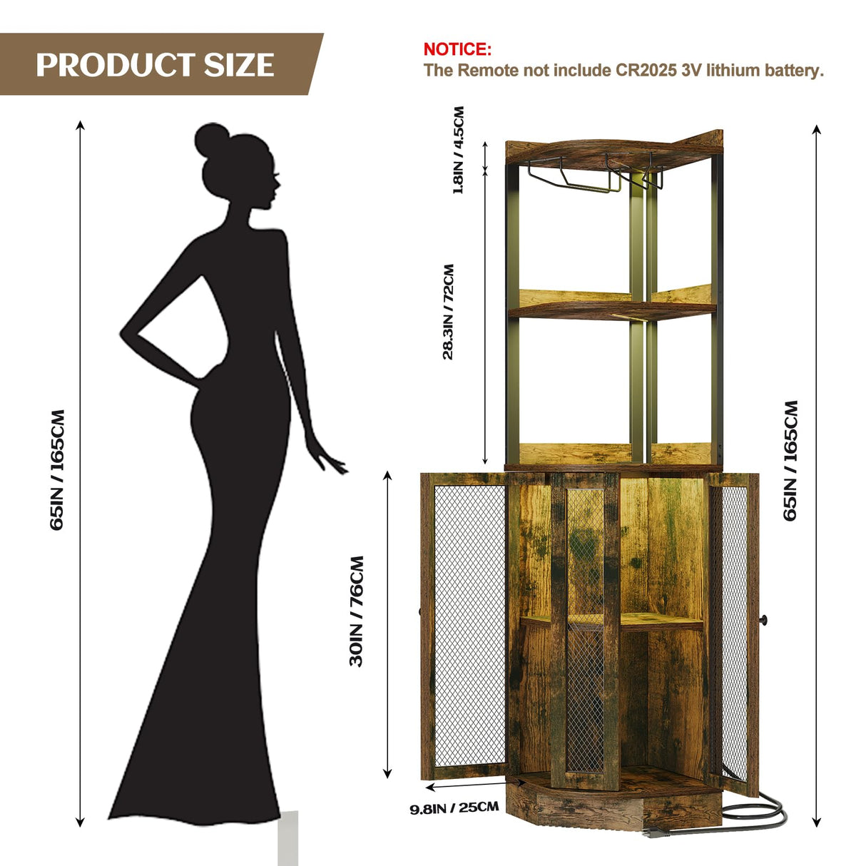 EOYUTLLY Corner Bar Cabinet With Power Outlet and LED Strip, 65" H 5-Tier Liquor Wine Display for Home, Storage Solution for Living Room, Kitchen, Home Bar, Brown EOYUTLLY