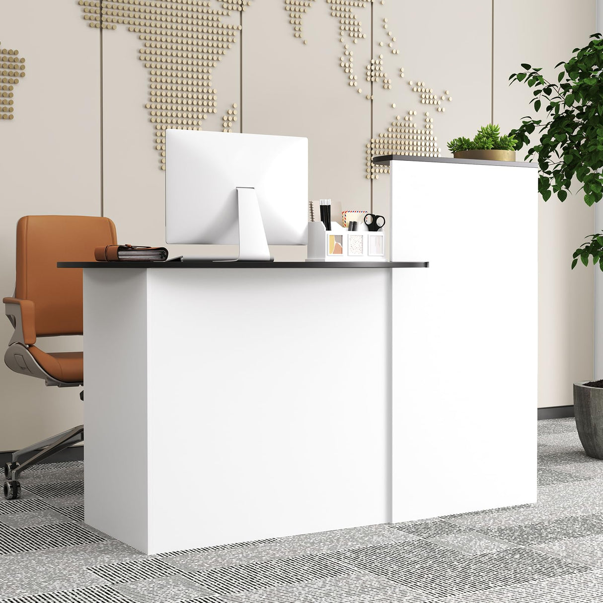 Giantex Reception Desk, Front Counter Desk with Lockable Drawer, Oval Tabletop & Adjustable Shelf, Retail Register Stand, Checkout Table for Office Beauty Salon Reception Room (Black & White) Giantex