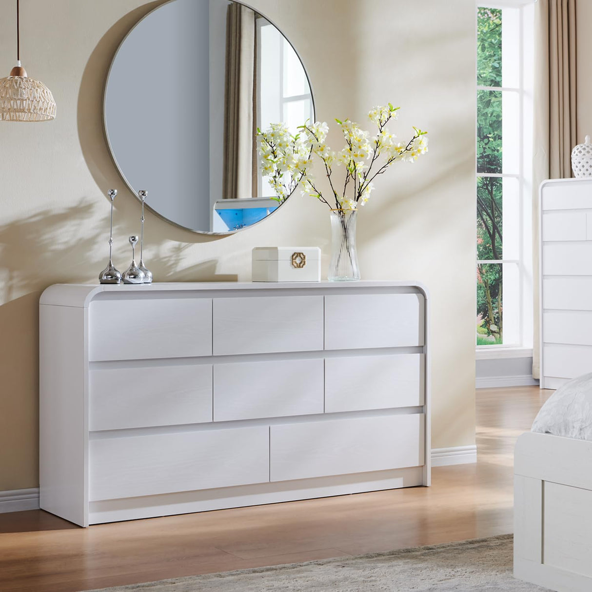 Aitjunz Modern 8 Drawers Dresser for Bedroom, 55" Wide Dressers & Chest of Drawers w/Curved Profile Design, Wood Mid Century Storage Dressers Organizer for Bedroom, Living Room, White Aitjunz