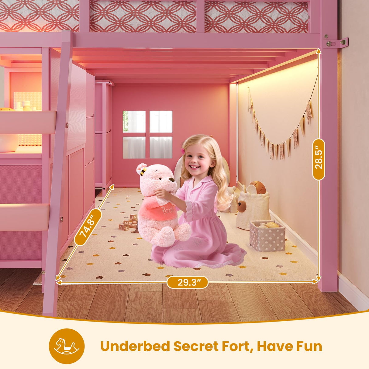 ADORNEVE Low Loft Bed Twin Size with 7 Storage Drawers, Bookcase and LED Lights, Metal Kids Loft Bed with 14" H Safety Guardrail,Inclined Ladder and Play Curtain, Under-Bed Play Space,Pink ADORNEVE