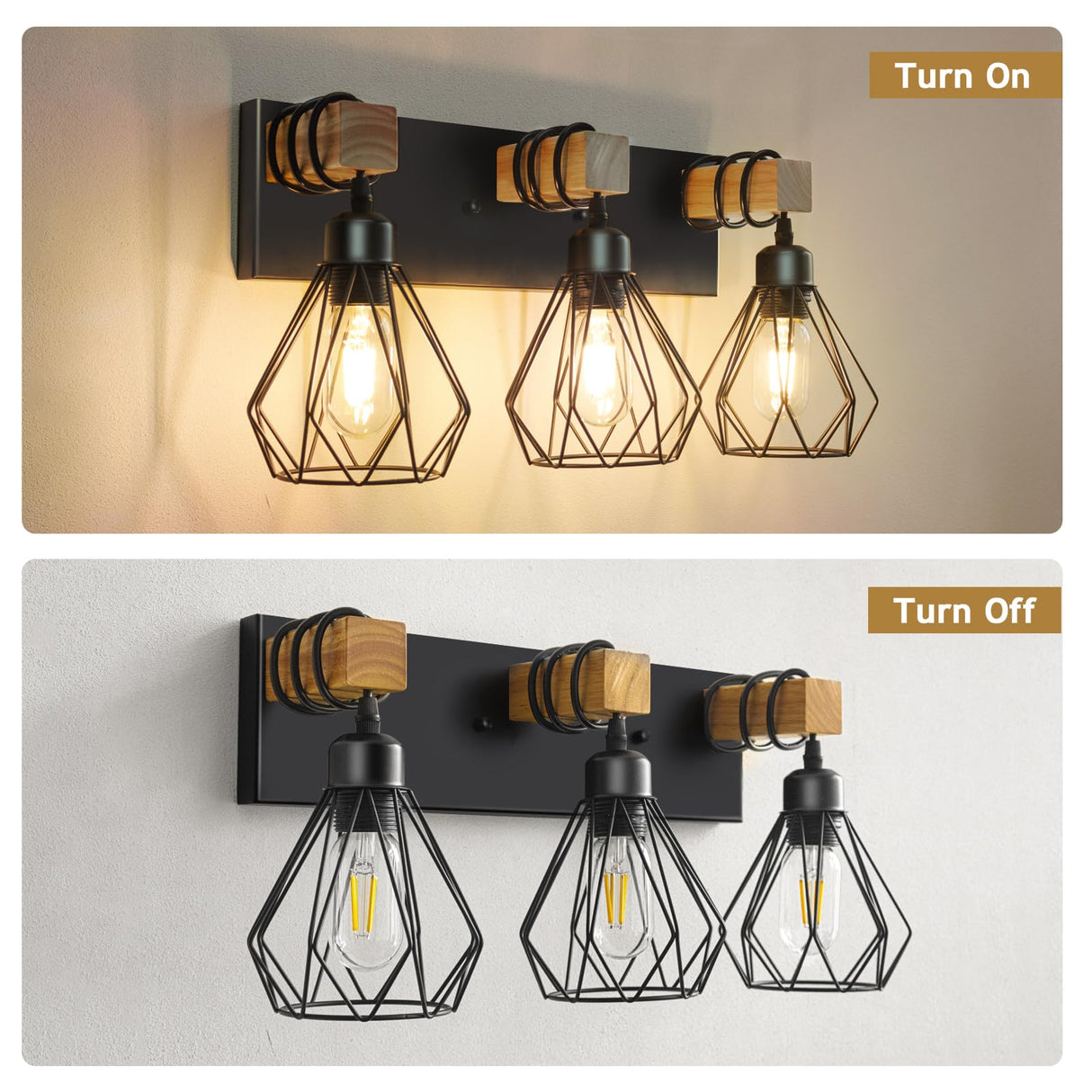 IZORRO Farmhouse Bathroom Vanity Light Fixtures, 3-Light Wood Bathroom Lighting Fixtures Over Mirror, Black Rustic Industrial Sconces Wall Lights with Metal Lampshade for Living Room, Bedroom IZORRO