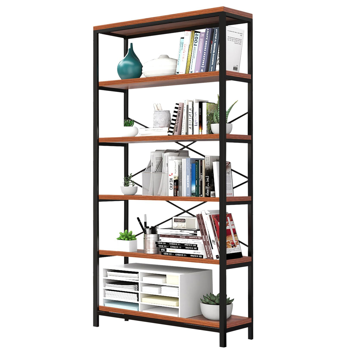 Himimi 6 Tier Industrial Bookshelf, Vintage Standing Storage Shelf, Display Shelving Units, Tall Bookcase, Industrial Metal Book Shelves for Living Room Bedroom and Home Office Himimi