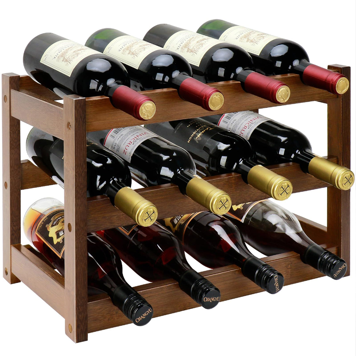 Thalomely Bamboo Wine Rack, 3-Tier 12 Bottles Wine Storage Cabinet Shelf, Easy-Assembly Freestanding Bamboo Wine Racks Countertop for Kitchen Pantry Dining Room Bar, Walnut Thalomely