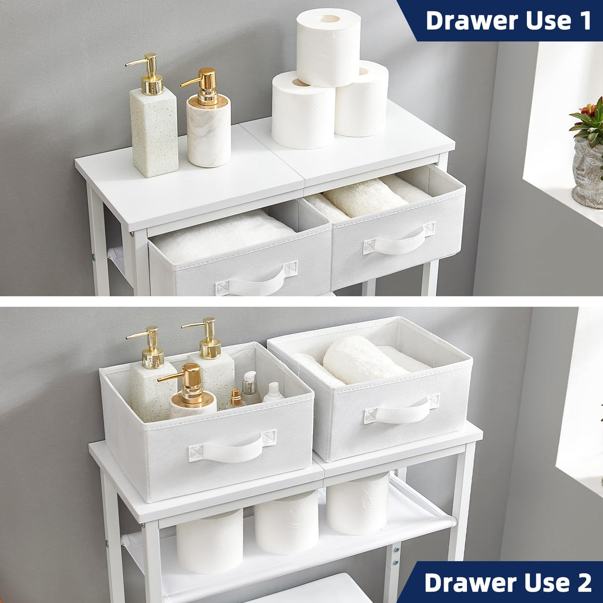 MOHOPE 2-Tier Over The Toilet Storage with 2 Fabric Drawers, Freestanding Above The Toilet Storage Cabinet, Space Saver Metal Over Toilet Bathroom Organizer Shelf for Small Space, White MOHOPE