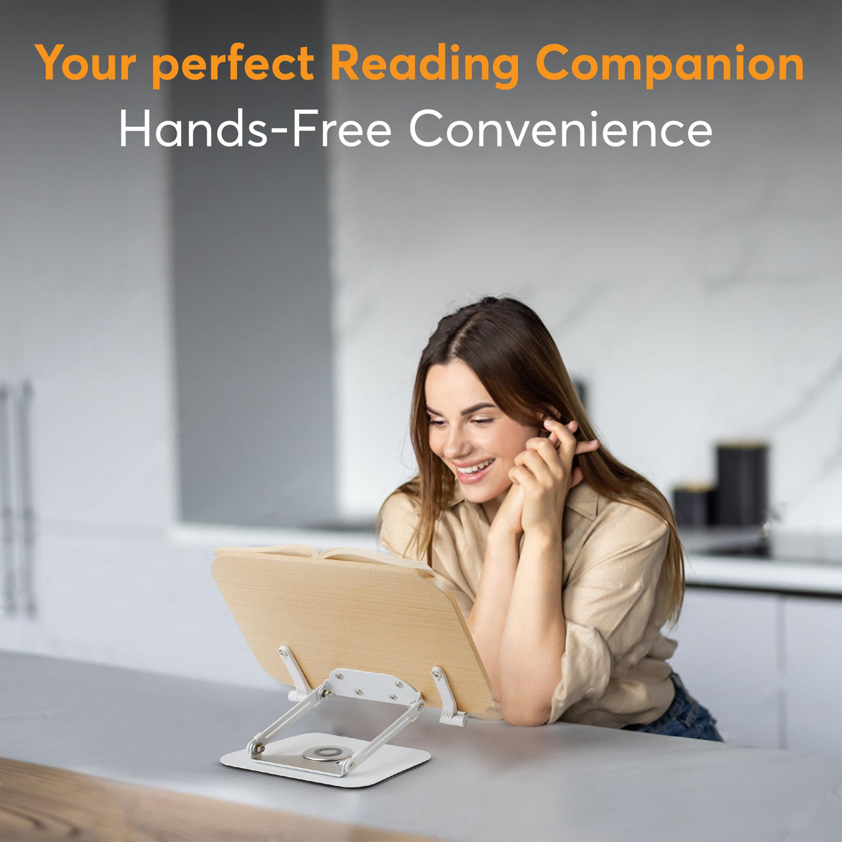 Book Stand for Reading - Adjustable Recipe Book Holder Stand with 360° Swivel Base, Aluminum & Wood Stand for Kitchen, Hands-Free, Foldable Cook Book Stand for Desk,Tablets, Laptop, Textbook LuxeLoom