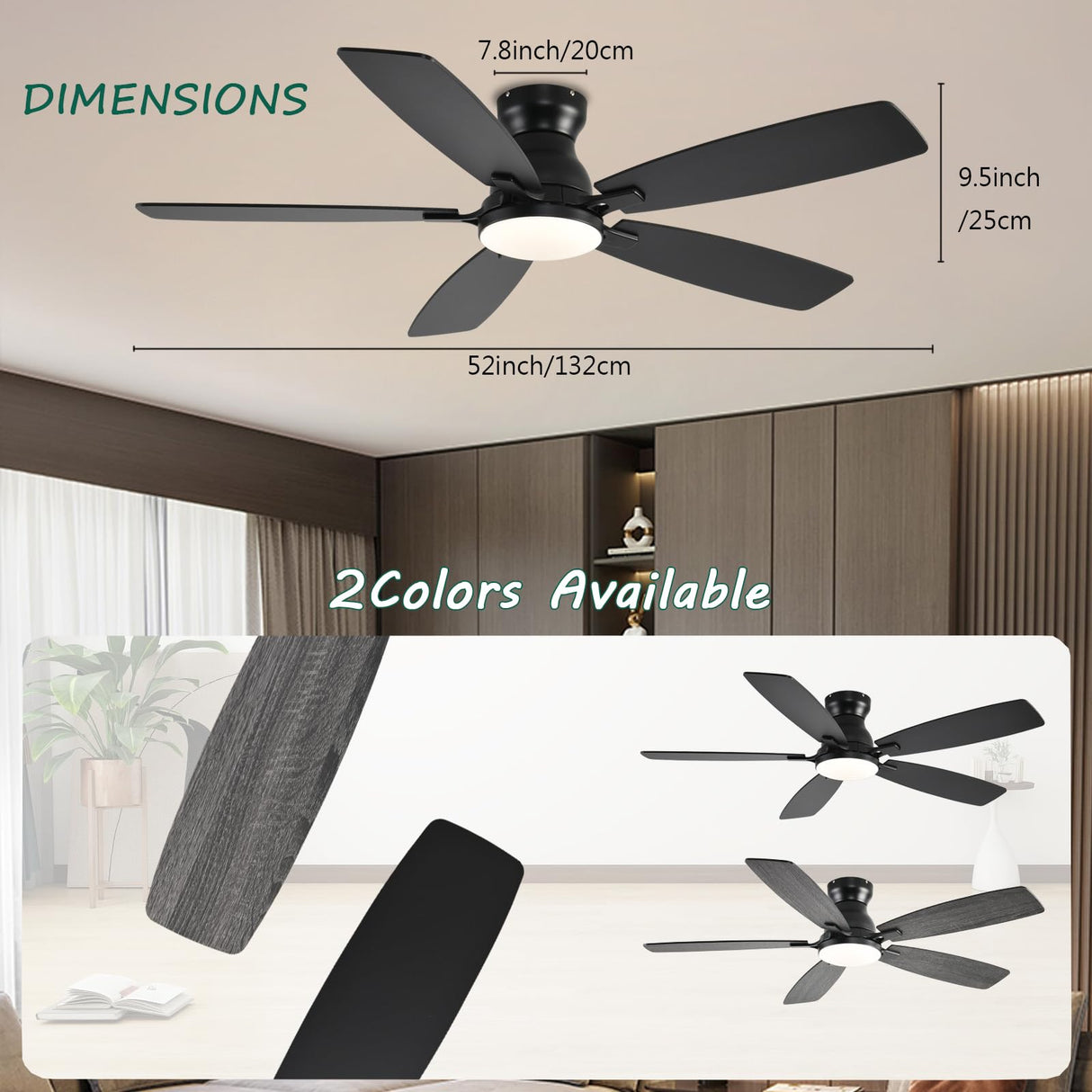 NKPU 52inch Flush Mount Ceiling Fans with Lights and Remote Control/APP Control, DC Reversible Motor, Noiseless, Dimmable, Low Profile Black Ceiling Fan for Bedroom Indoor/Outdoor Use NKPU