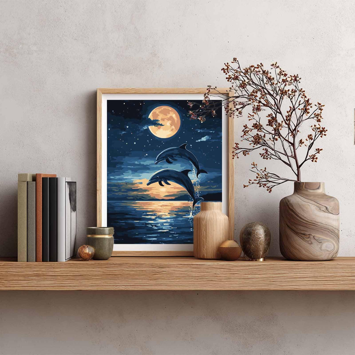 Ocean Animals Paint by Number, Dolphin Paint by Numbers Kit for Adults, Dolphins at Moonlight Acrylic Painting, Blue Ocean Wall Art, Gift & Home Wall Decor - Dolphin Jumping(16x20inch, No Frame) Cawpom