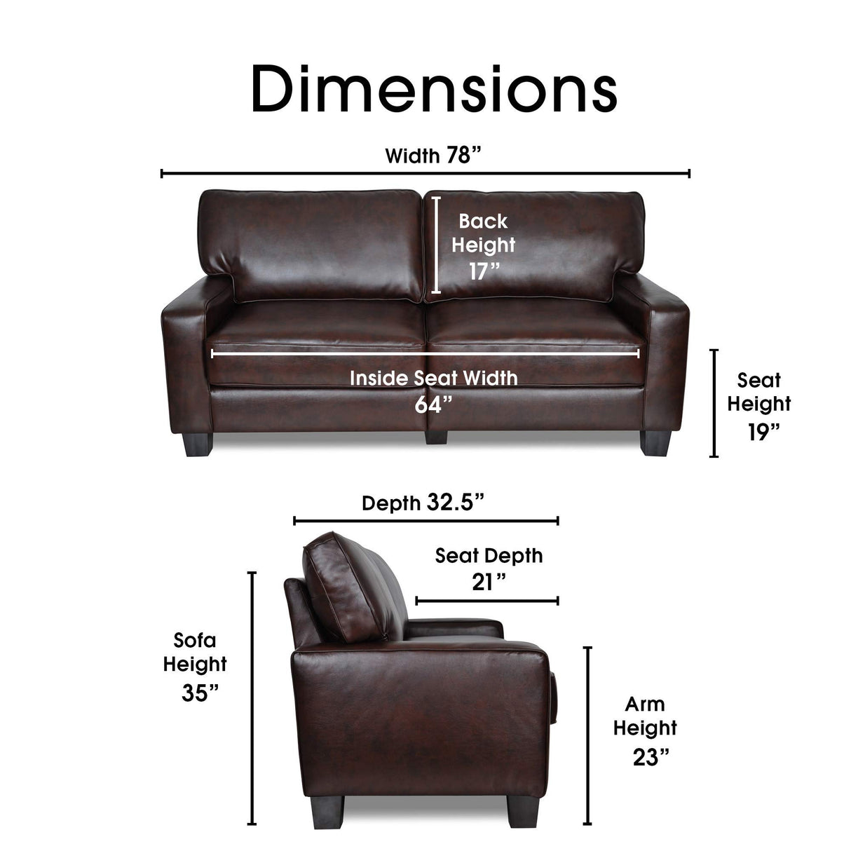 Serta Palisades 78" Track Arm Sofa, Durable Bonded Leather, Soft Pillow Back, Pocket Coil Seat Cushions, Loveseat or Couch for Small Spaces, Living Rooms or Bedrooms, Chestnut Brown Serta