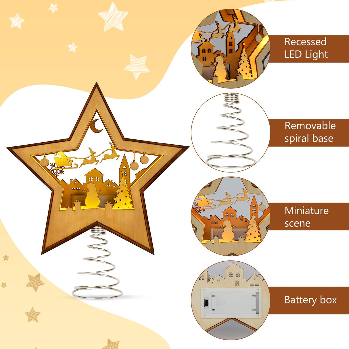 OurWarm Christmas Tree Topper Star Lighted, Wooden Star Tree Toppers Christmas Decorations, Christmas Tree Star Topper with Lights, Rustic Tree Topper for Shelves Tables Indoor Christmas Decorations OurWarm