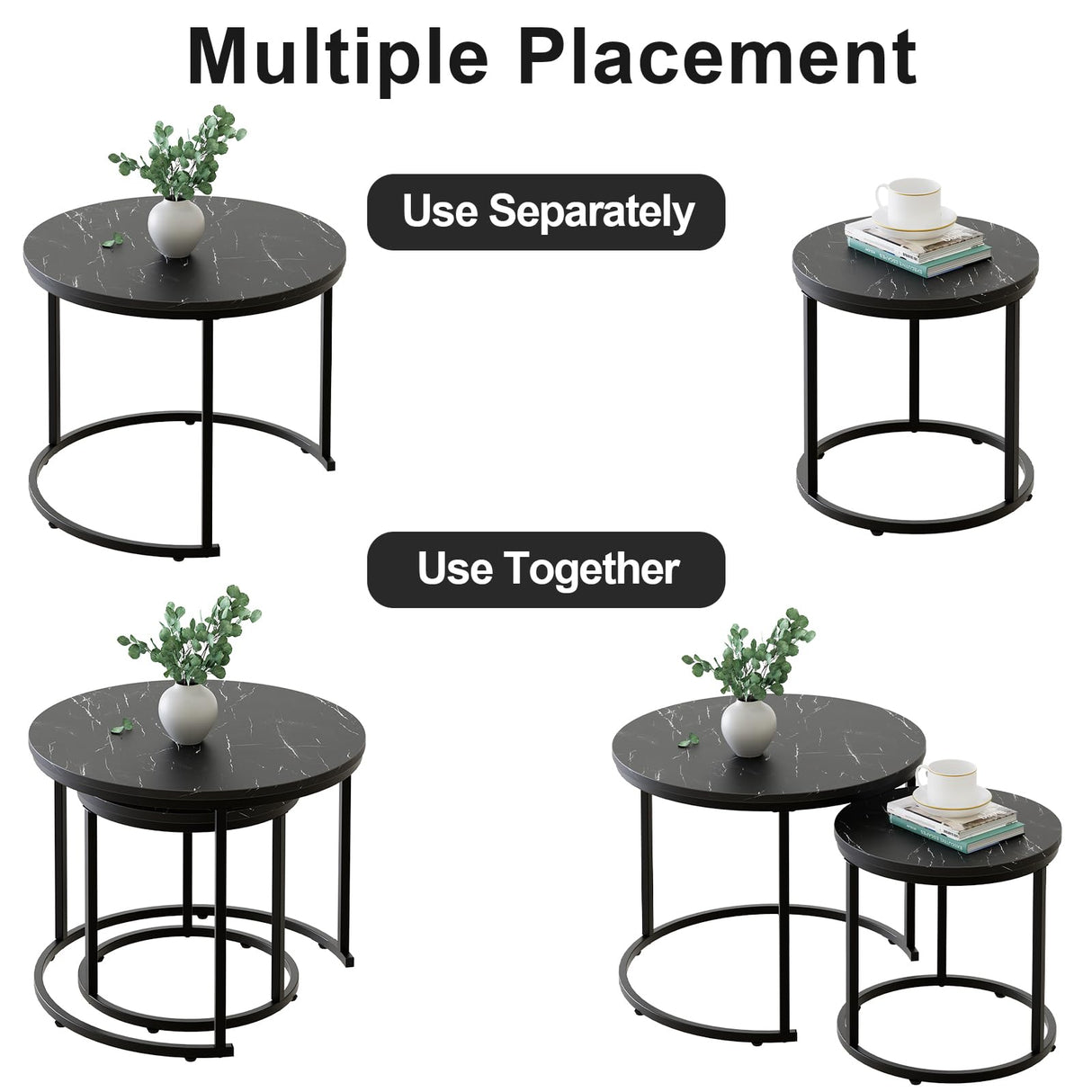 aboxoo Round Nesting Coffee Table Side Set of 2 End Tables for Living Room Bedroom Balcony,Black Faux Marble Wooden Table 23.6IN Accent Large Coffee Table with Steel Frame aboxoo