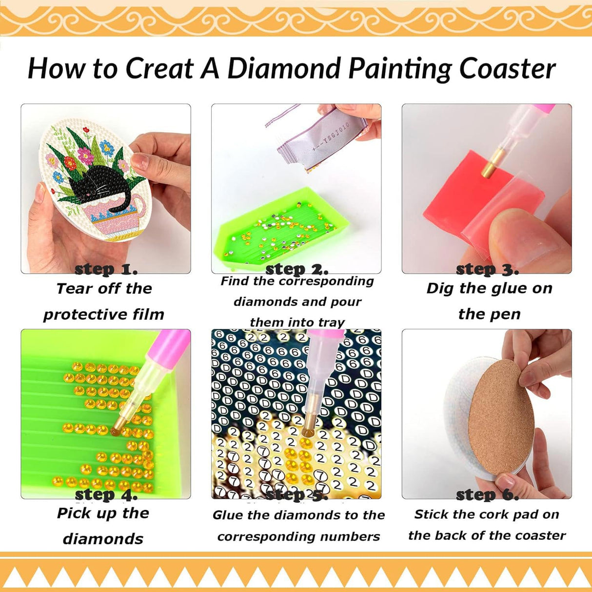 Clendo 8 Pcs Black DIY 5D Small Diamond Painting Coasters Kit with Holder, Flowers DIY Coasters, Arts and Crafts for Adults Clendo