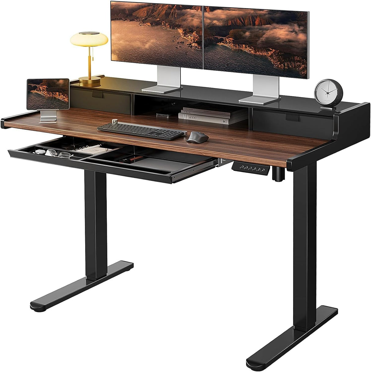 Marsail Electric Standing Desk with Drawers, 48 x 24 Inch Stand Up Desk with Glass Monitor Stand, Height Adjustable Desk with Drawers for Home & Office, 4 Preset Heights, Black Walnut Marsail