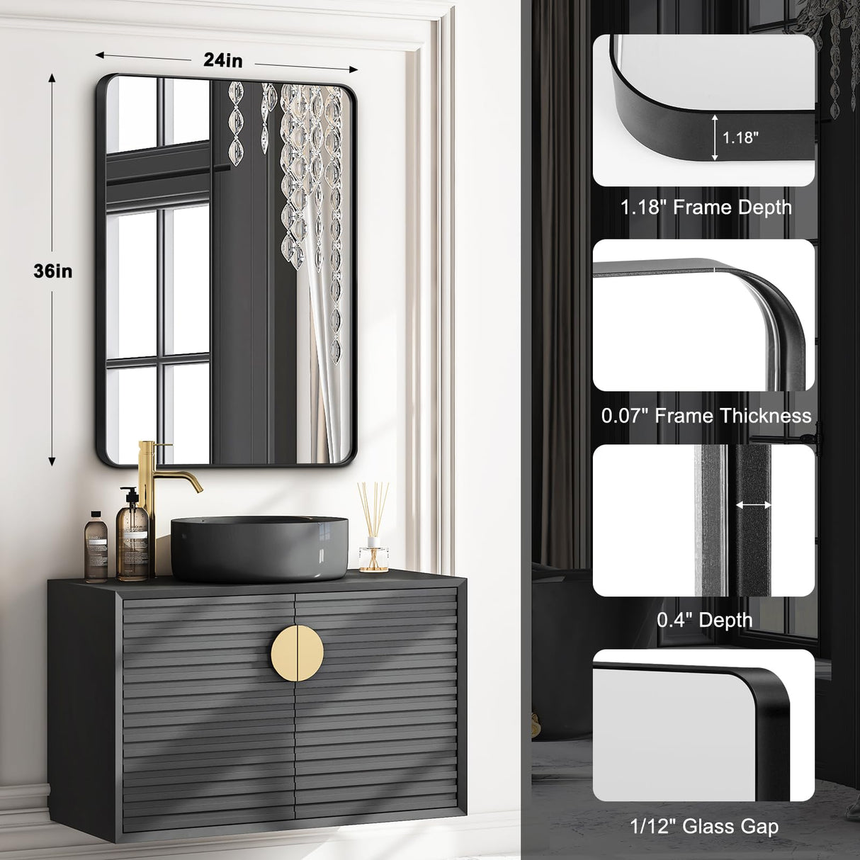 Bathroom Mirrors for Over Sink,2Pcs 24x36Inch Vanity Mirrors for Wall,Black Metal Frame Rectangle Mirrors for Bathroom,Farmhouse,Restroom,Hangs Horizontally or Vertically ERZERT