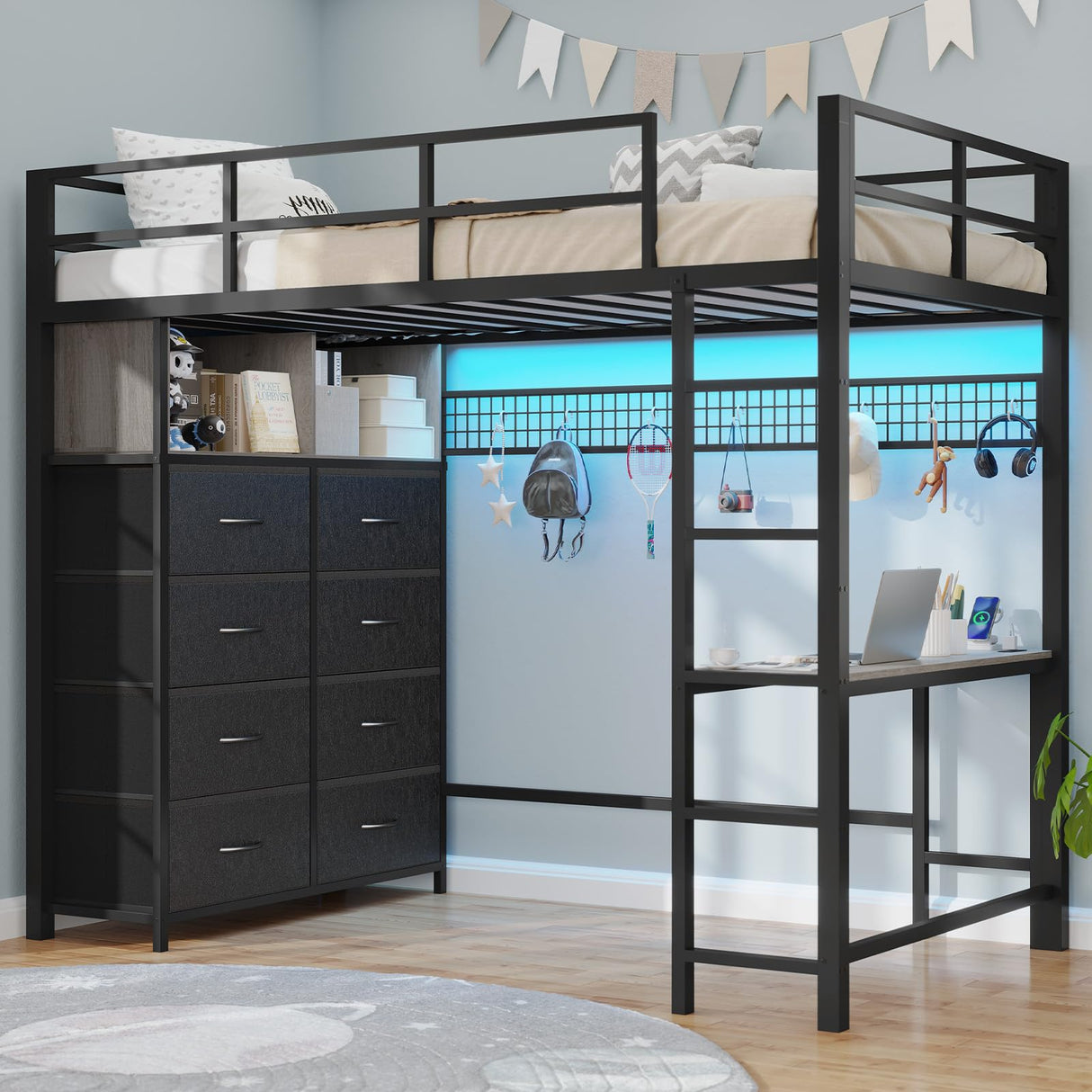 BTHFST Twin Loft Bed with Desk & 8 Storage Drawers Tall Dresser, Black Metal Loft Bed with LED Lights & Charging Station, 2-Tier Storage Shelves, Stable & Sturdy, Noise Free, Space Saving, Grey BTHFST