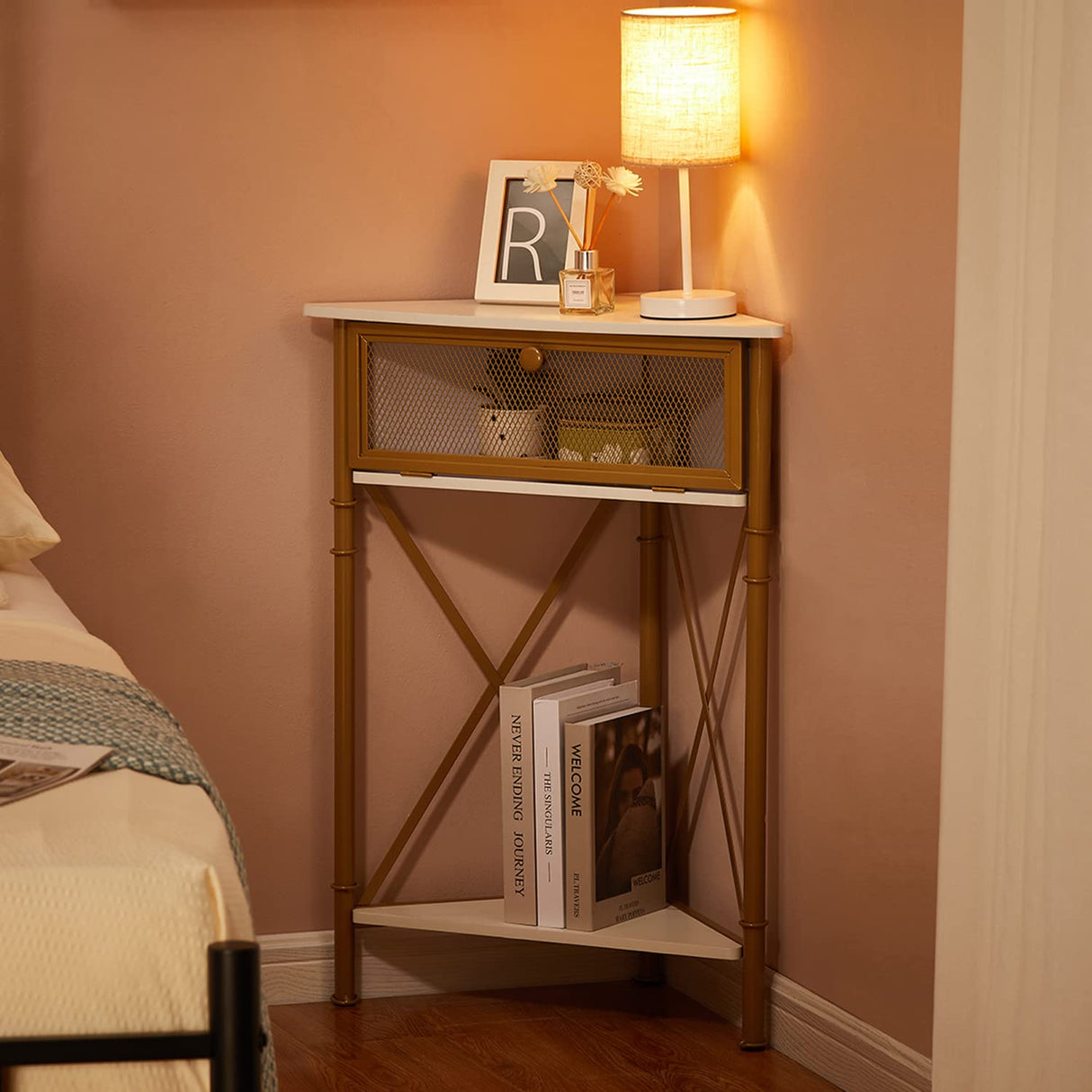 VECELO Corner Table/Cabinet with Flip Door and Storage Shelves, Free-Standing Organizer for Compact Space in Living Room/Study/Lobby/Bedroom,Industrial VECELO