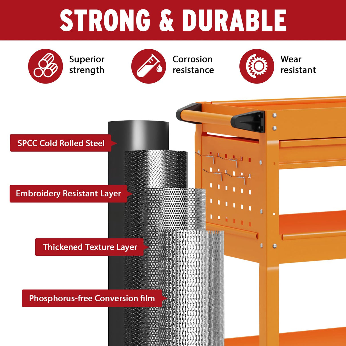 Cemostey 3-Tier Rolling Utility Cart, Heavy Duty Tool Cart on Wheels, Metal Service Cart with Locked Drawers for Garage, Warehouse and Repair Shop (Orange) Cemostey