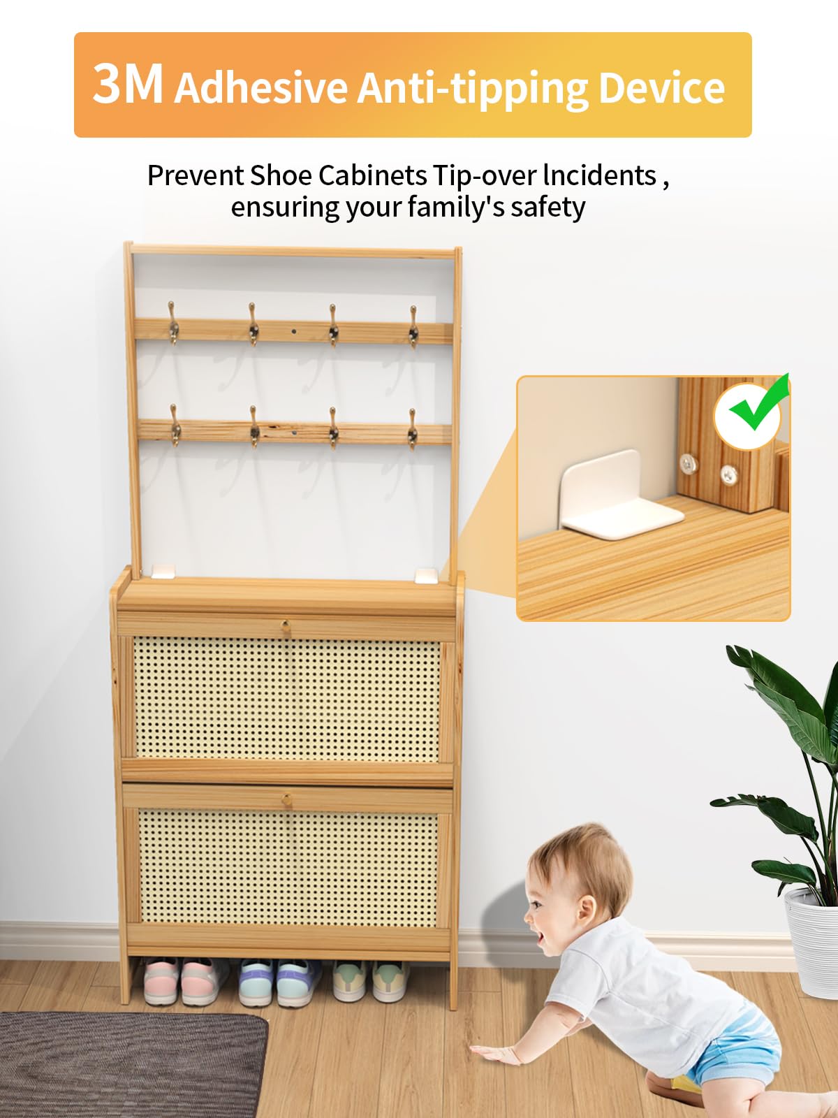 Maiproo Bamboo Shoe Cabinet Rattan with Hanging Rack Hidden Shoe Storage Cabinet Narrow Wood Freestanding Organizer with 2 Flip Drawers Adjustable Panel for Entryway Hallway Light Brown Maiproo