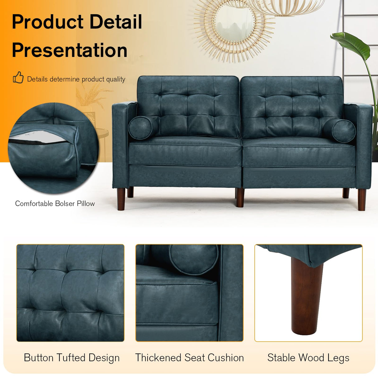 ACMEASE 67" Premium Faux Leather 2-Seater Sofa with 2 Bolster Pillows and Tufted Backrest, Mid-Century Modern Loveseat Sofa, Luxury Couch for Living Room, Bedroom, Office, Blue ACMEASE