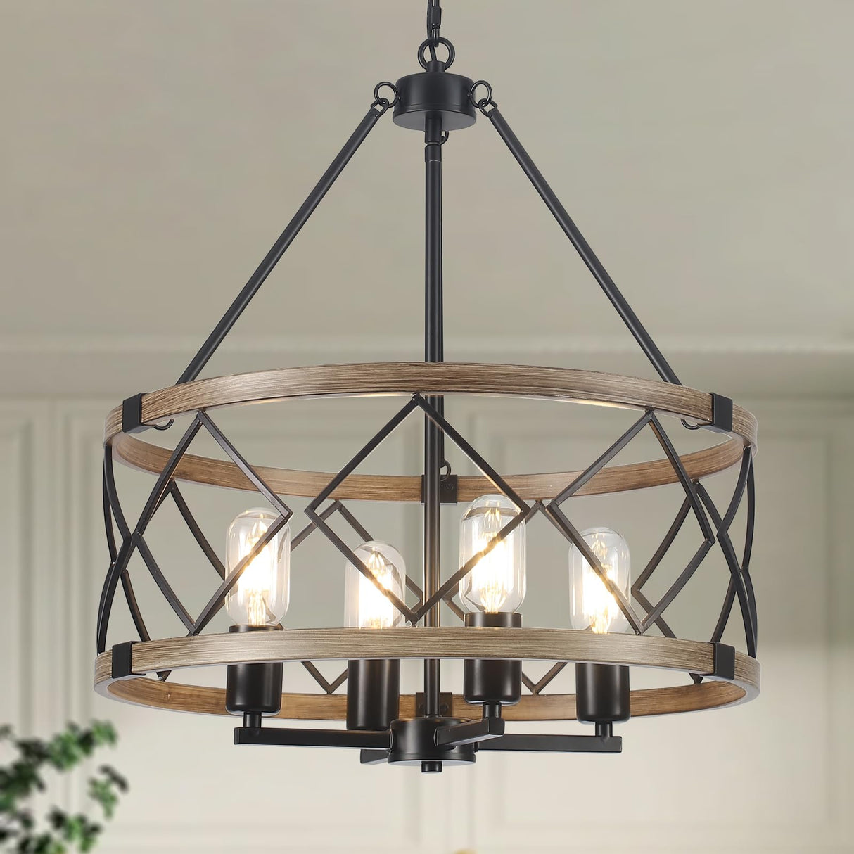 Farmhouse Chandelier for Dining Room 4-Light Rustic Chandeliers Imitation Wood Grain Pendant Light Fixture Modern Industrial Chandelier for Kitchen Island Entryway Foyer Bedroom Hallway,E26 Metal TCWGAUI