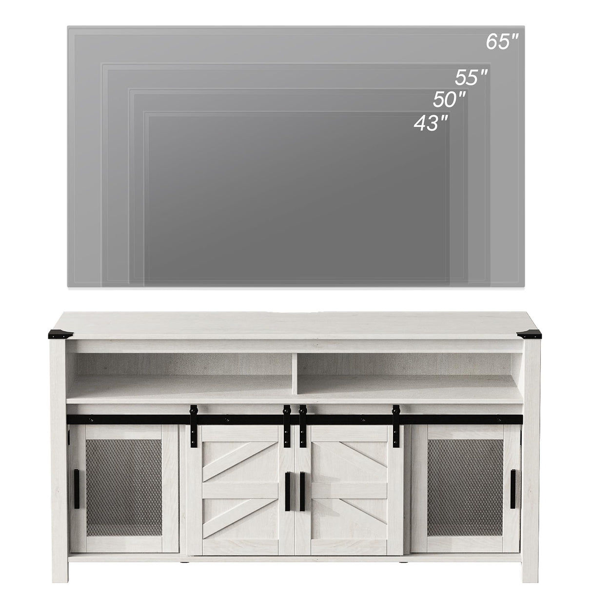 WAMPAT Farmhouse TV Stand for 65 Inch TV, Antique White Wood Entertainment Center with Sliding Barn Doors and Mesh Doors, Tall Media Console with Open Storage Space for Living Room, 59x15.4x31 WAMPAT
