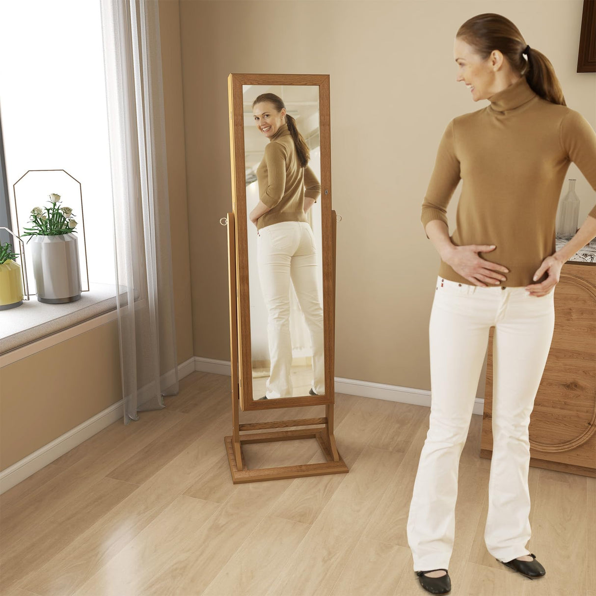 CHARMAID Jewelry Armoire with Full Length Mirror, Lockable Jewelry Cabinet with Large Jewelry Storage, 6 LED Lights, Inner Makeup Mirror, Standing Jewelry Organizer Box (Wood Grain) CHARMAID