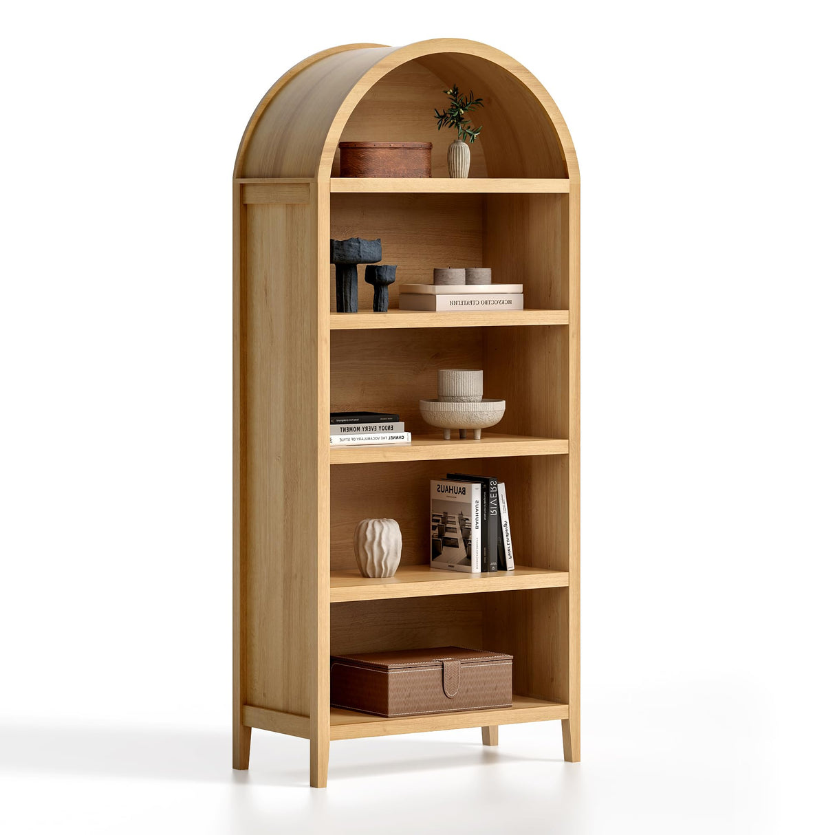 MoomJiee 71" Tall Arched Bookshelf, 5-Tier Farmhouse Large Open Display Cabinet, 71" Modern Wood Bookcase with Adjustable Shelves Organizer Rack Large Kitchen Pantry Storage Cabinet Natural Oak MoomJiee