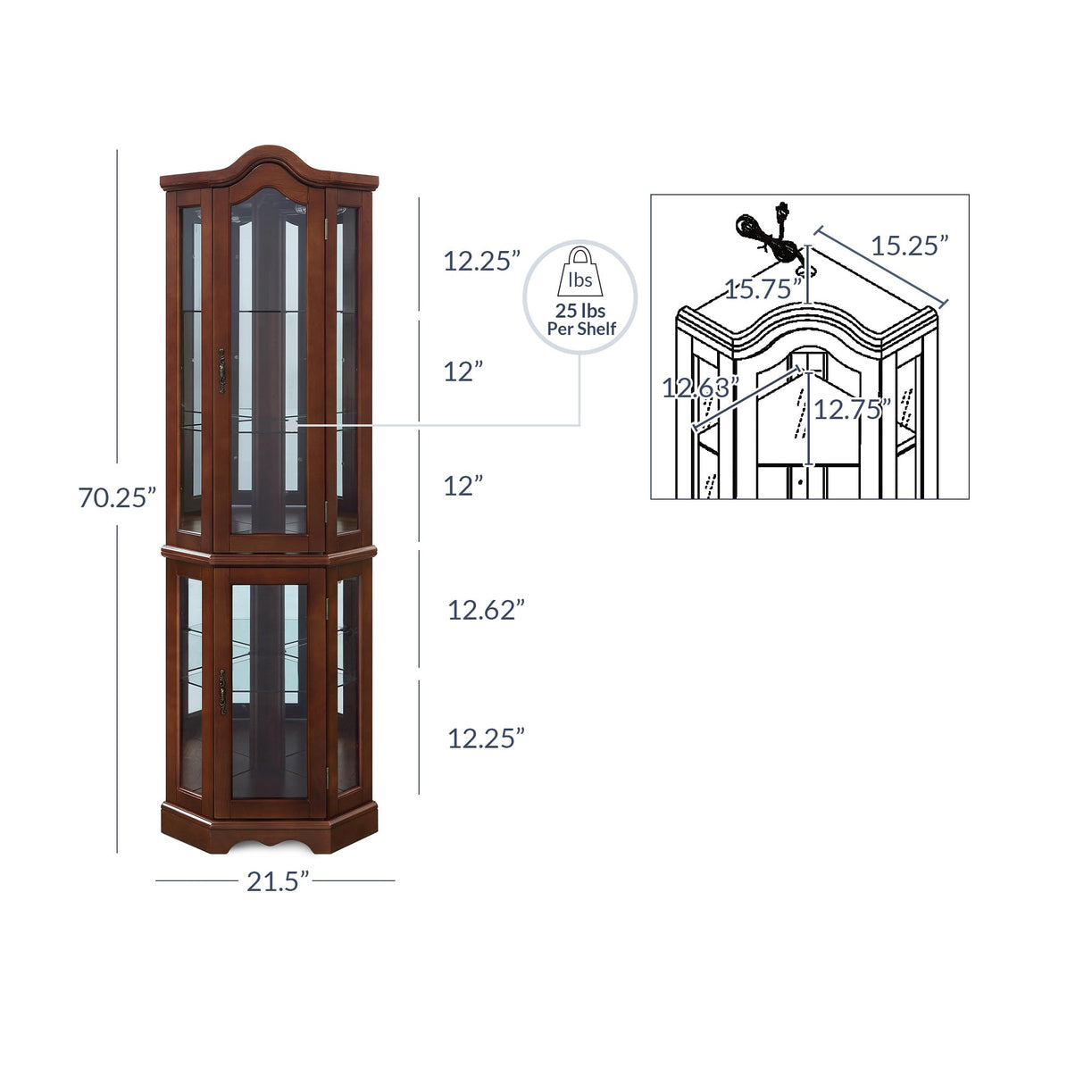 BELLEZE Lighted Corner Display Curved Top Curio Cabinet Wooden Shelving Unit with Tempered Glass Door, Bar and Liquor Storage Area with 5 Shelves - BELLEZE