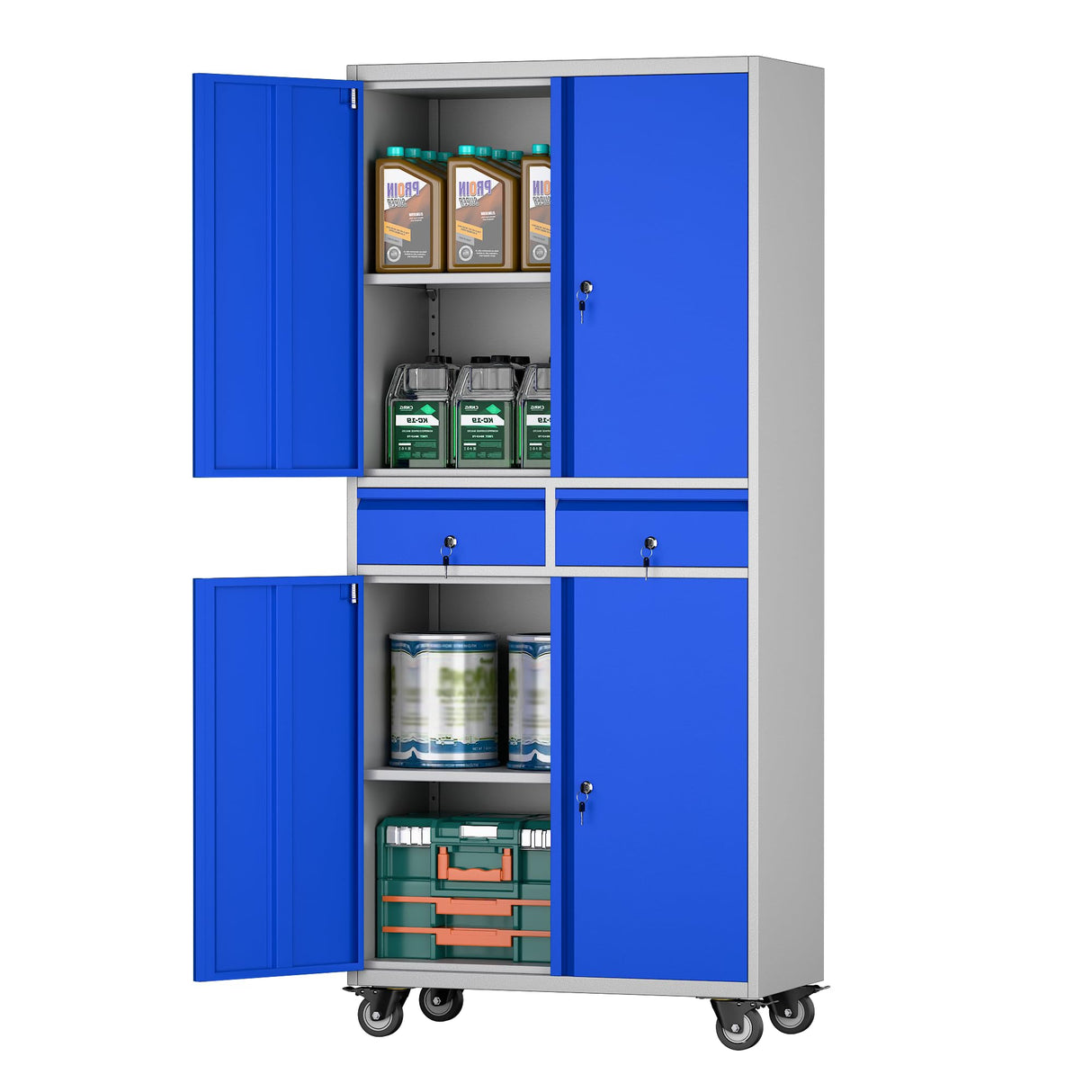 METAN 71" H 2 Drawer Metal Storage Cabinet with Locking Doors,Steel Rolling Tool Storage Cabinet with 2 Adjustable Shelves for Garage,Home, Office, Kitchen Assembly Required (Grey Blue) METAN