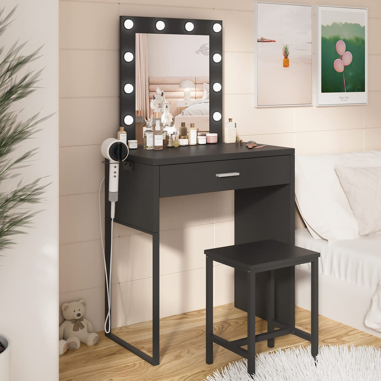 Titoni Makeup Vanity Desk with Mirror and Lights, Black Vanity Table and Chair Set, Brightness Adjustable, Small Vanity for Girls' Bedroom Titoni