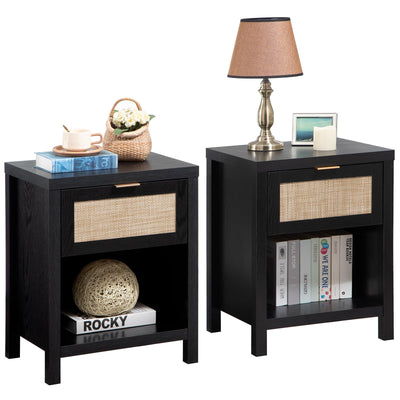 SICOTAS Rattan Night Stands Set of 2, Farmhouse Nightstand Bedside Table with Drawer and Storage Shelf, Boho End Side Table for Bedroom, Small Space, Black Oak