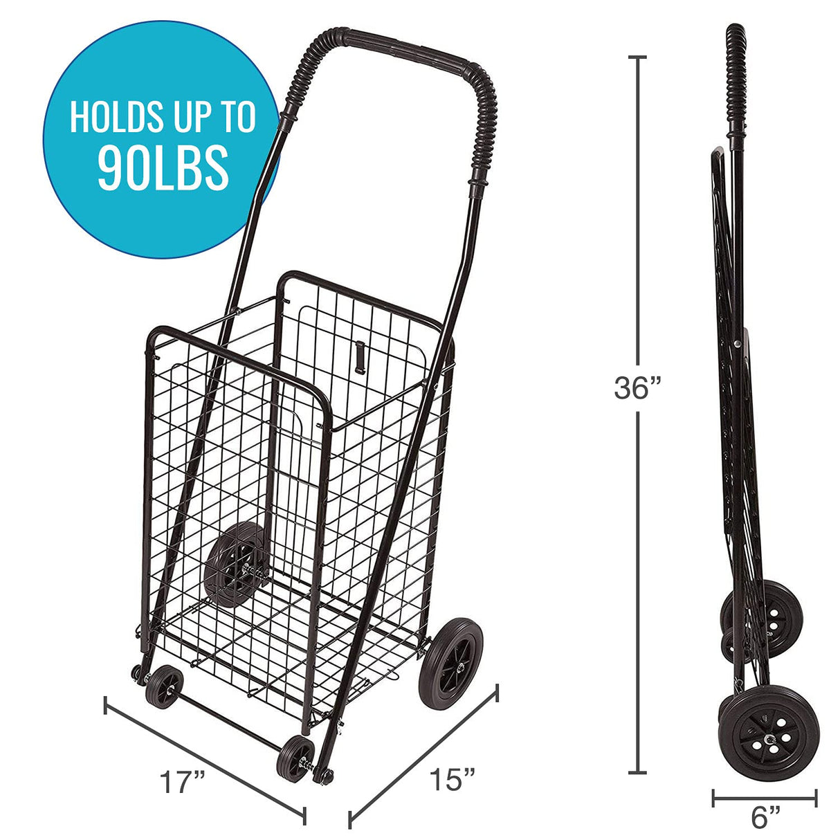 DMI Utility Cart with Wheels to be used for Shopping, Grocery, Laundry and Stair Climber Cart, Weighs 7.5 Pounds but holds up to 90 Pounds, Compact and Foldable, Black DMI