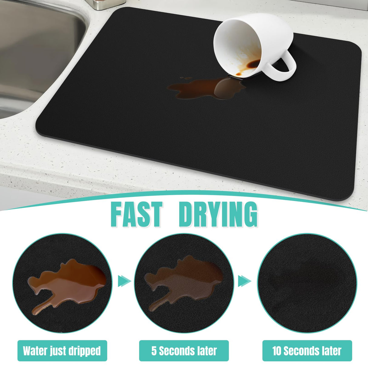 WISELIFE Coffee Mat Super Absorbent Dish Drying Mat Coffee Bar Accessories Match with Coffee Maker Coffee Machine Coffee Pot Large Drying Mats for Kitchen Counter 12" W x 19" L, Black WISELIFE