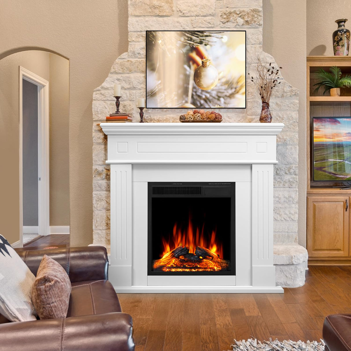 43” Electric Fireplace Mantel Freestanding Electric Fireplace, Remote Control, Adjustable Led Flame, 750W/1500w PEARLWHITE Electactic