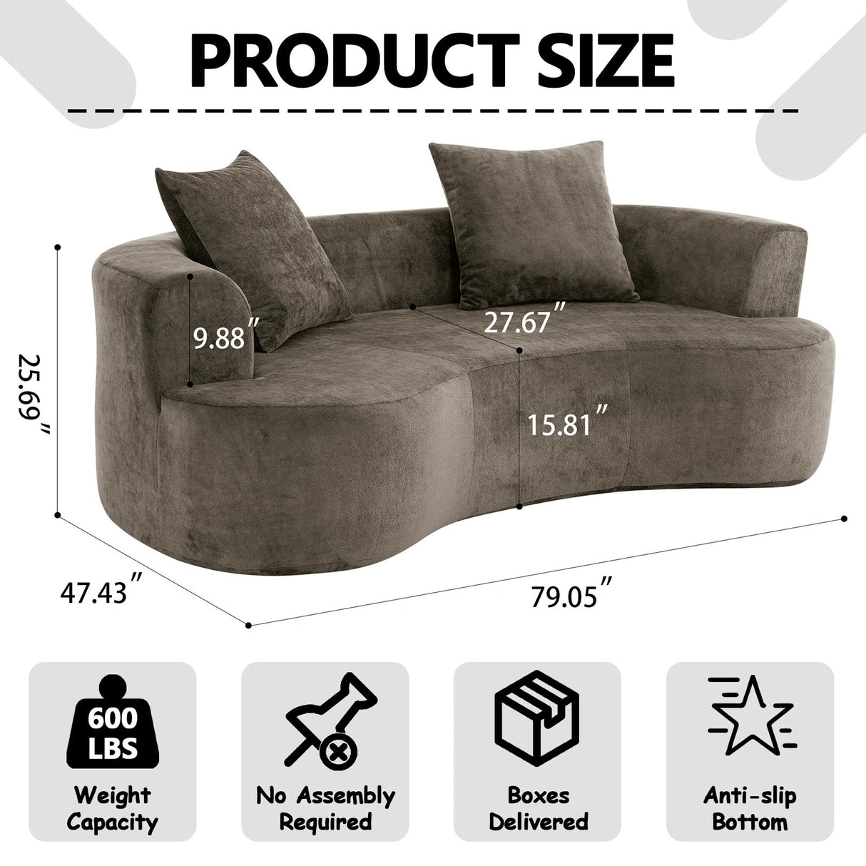 80” Curved Loveseat for Small Spaces, Grey Curved Couches for Living room, Compression Sofa in a Box with 2 Pillows, Small Couch for Bedroom with Wide Armrest & Memory Foam, No Assembly Required Thctvous