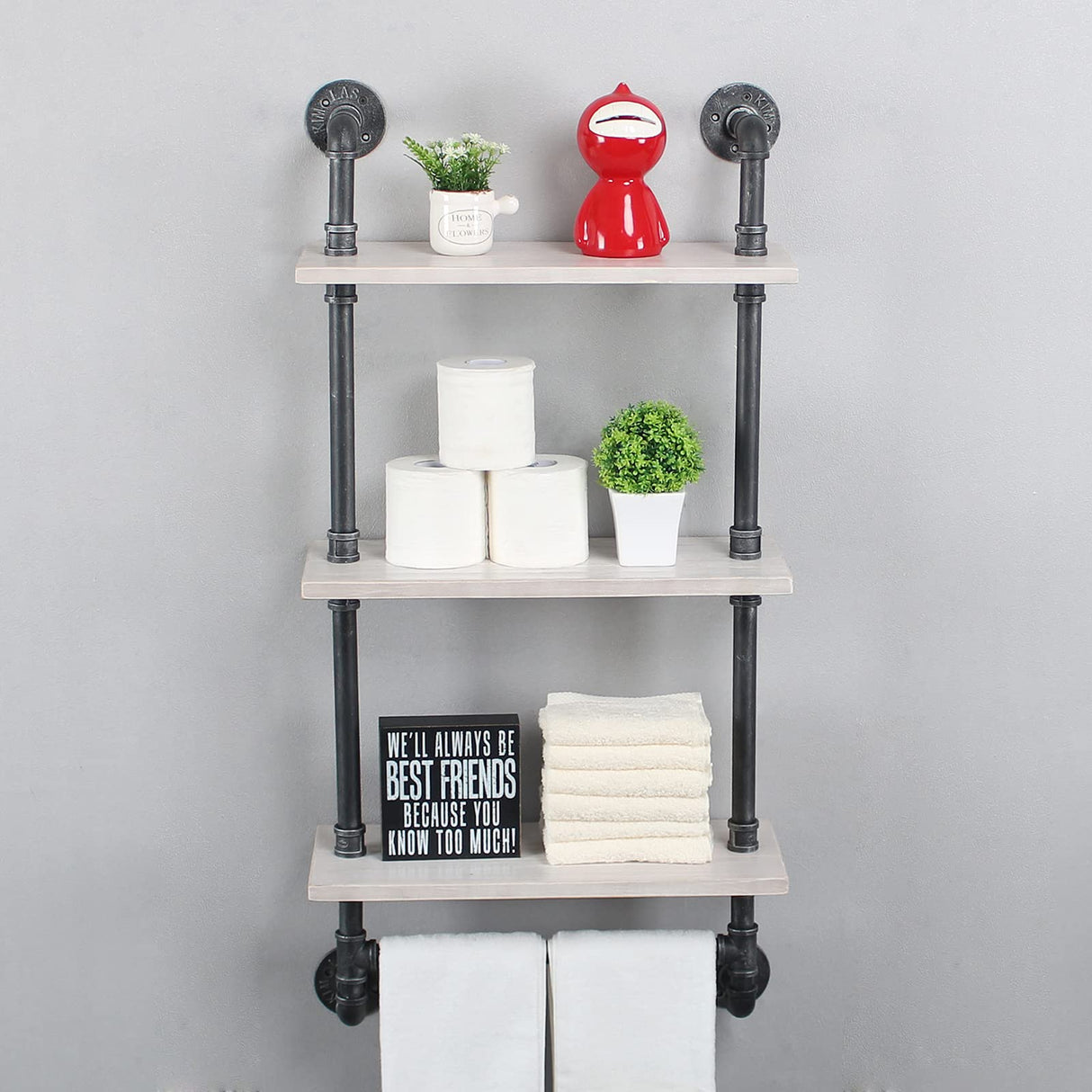 Industrial Pipe Shelf Bathroom Shelves Wall Mounted,19.6in Rustic Wood Shelf with Towel Bar,3 Tier Farmhouse Towel Rack Over Toilet,Pipe Shelving Floating Shelves Towel Holder,Retro White MBQQ