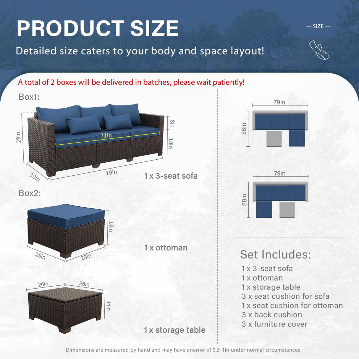 Patio Furniture Set 3 Pieces Outdoor Sectional Sofa Set Wicker Patio Furniture Outdoor Couch Outdoor Ottoman Coffee Table with Storage All-Weather Anti-Slip Cushions Waterproof Covers, Navy Blue Rattan Star