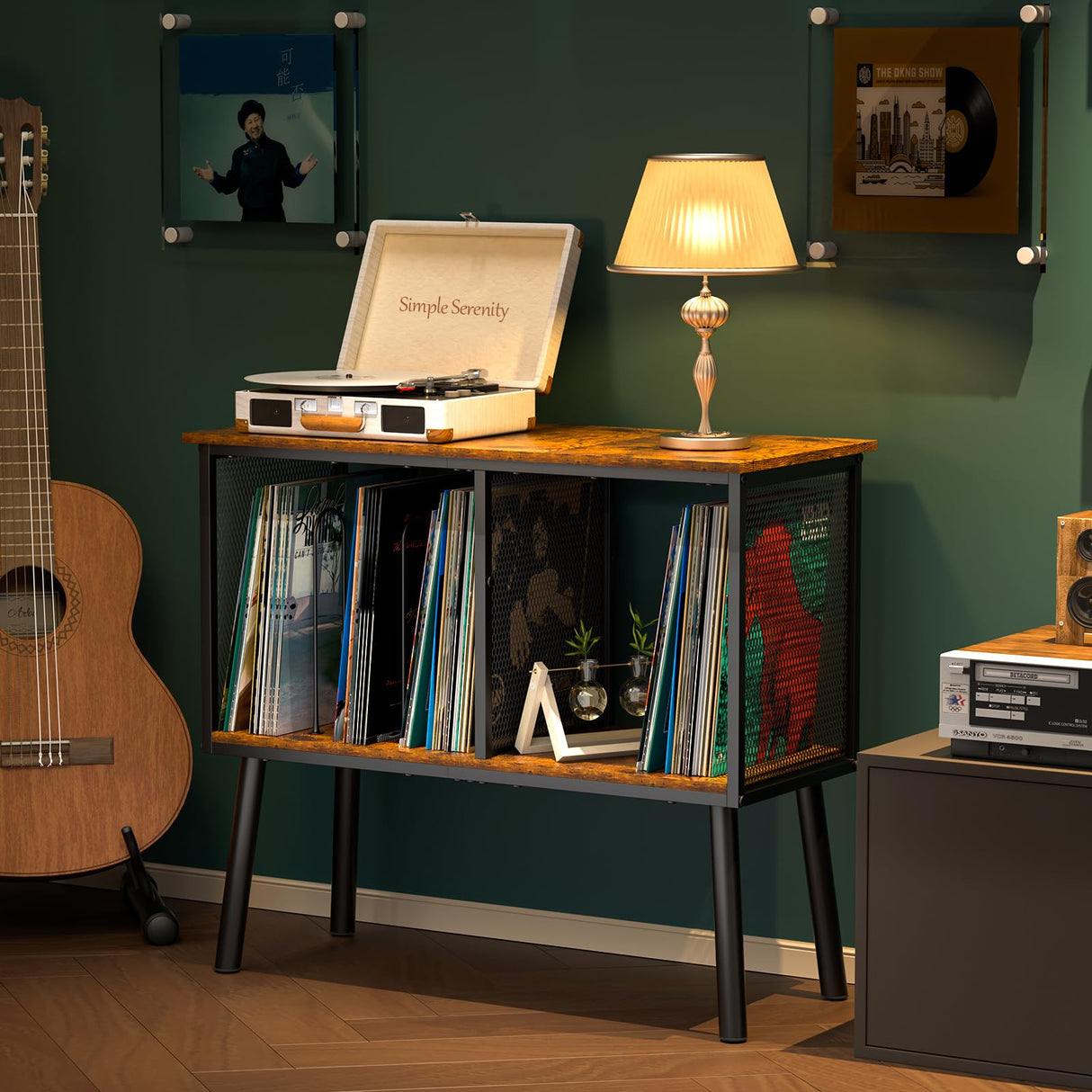 Record Player Stand with Adjustable Divider, Vinyl Storage Holder Up to 200 Albums, Mid-Century Large Record Player Table, Vinyl Holder Turntable Stand End Table Storage Rack for Bedroom & Living Room Simple Serenity