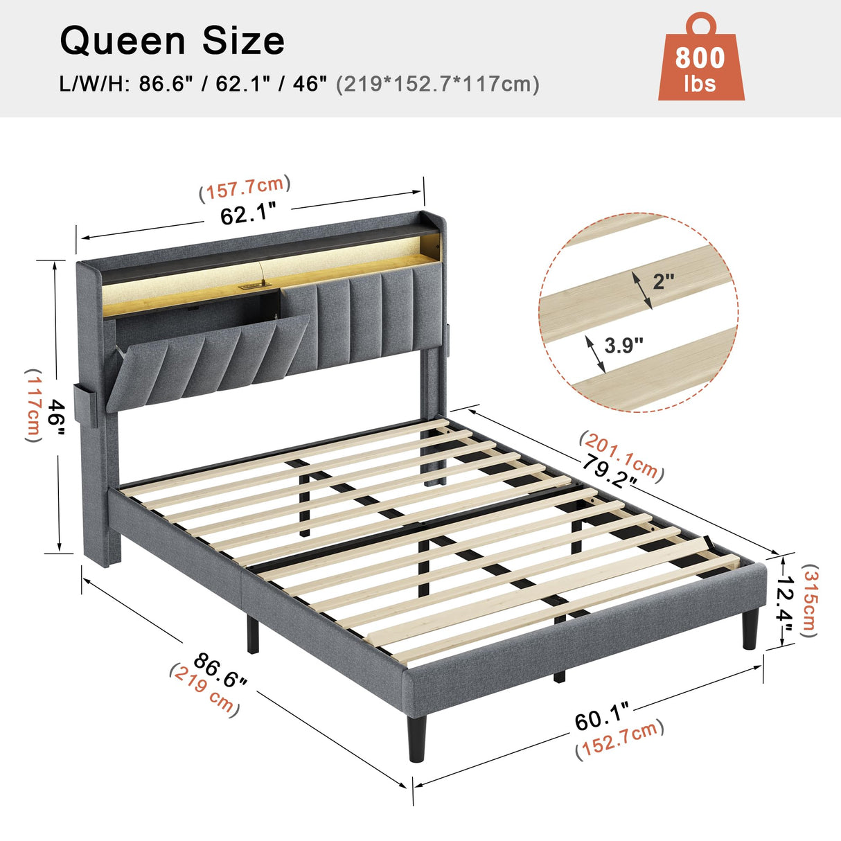 Modern Upholstered FYRENA Queen Bed Frame with Storage Headboard, LED Lights, USB Ports & Strong Wood Slats Support FYRENA