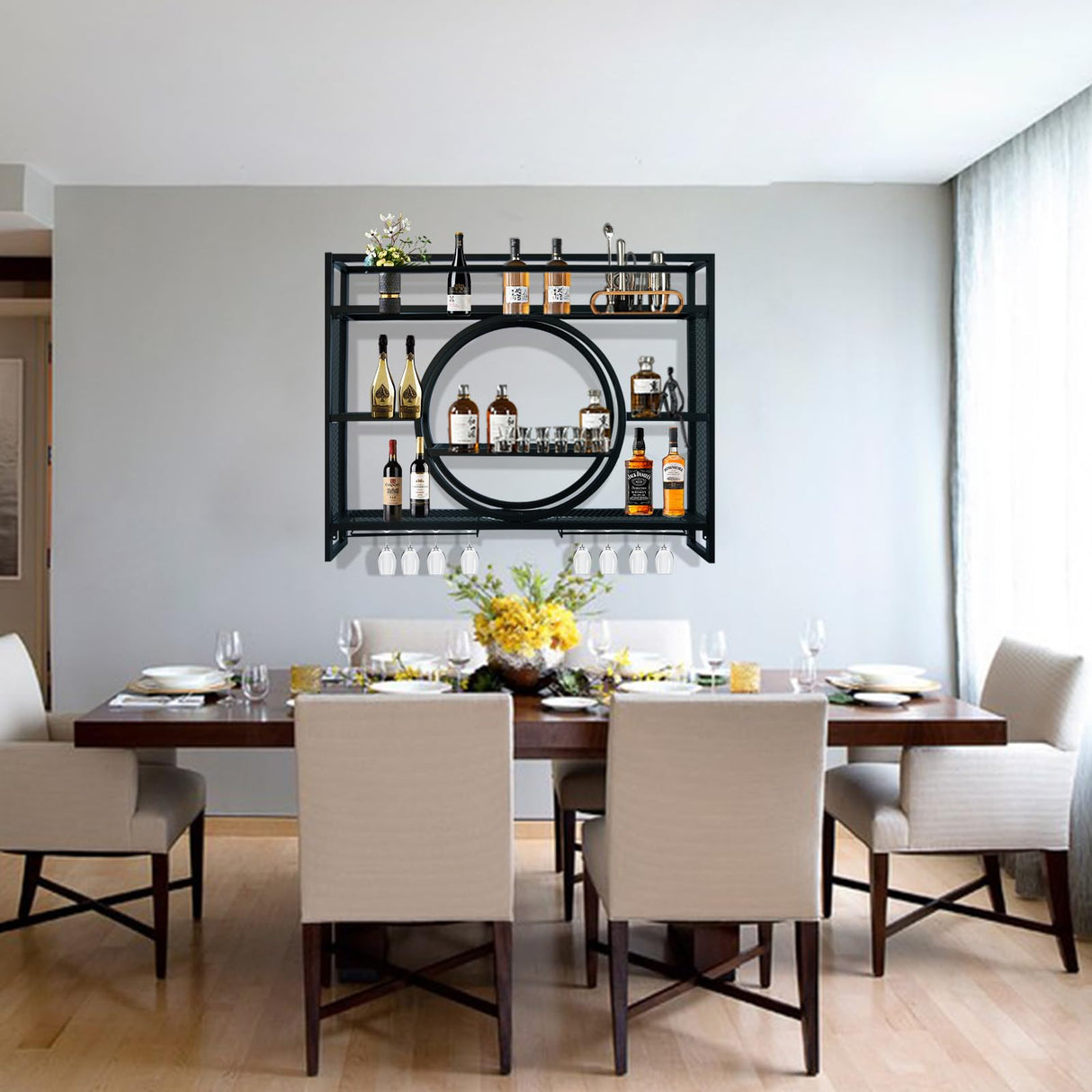 Wall Mounted Wine Rack, Hanging Metal Round Wine Rack Cabinet, Multifunctional Storage Rack, Vintage Style Wine Bottle Shelf, with Wine Glass Holder, for Home Restaurant Bars (140cm/55.1in) Hrwug