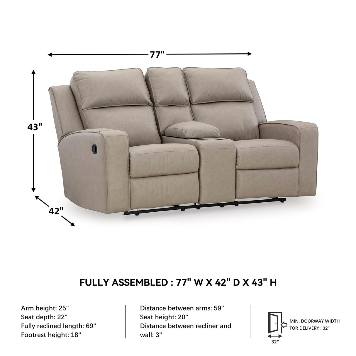 Signature Design by Ashley Lavenhorne Contemporary Faux Leather Manual Reclining Loveseat with Console and Cup Holders, Beige Signature Design by Ashley