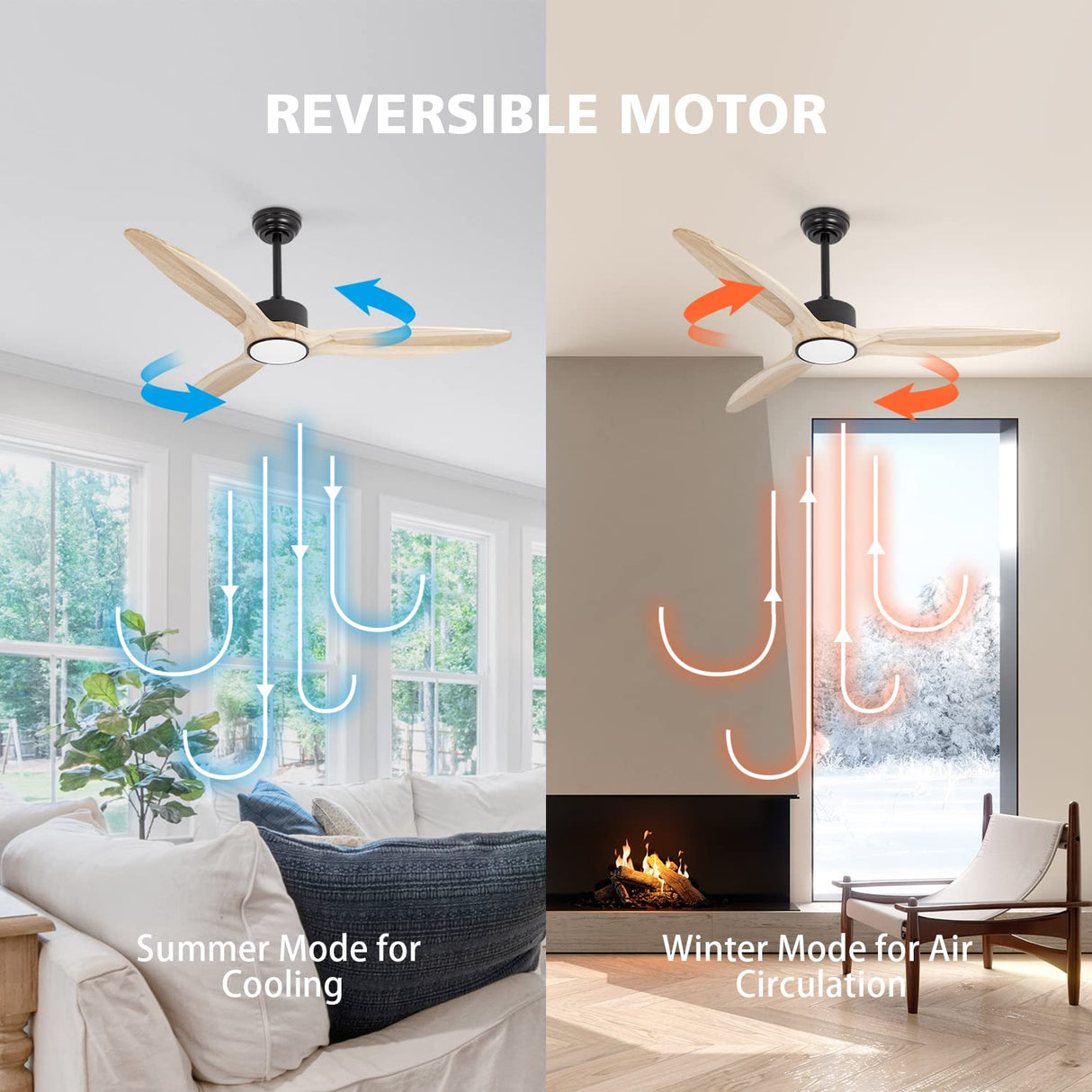 OUATER Ceiling Fans with Lights and Remote, 52 inch Wood Ceiling Fan with Light,3 Color Light,DC Motor,for Bedroom/Outdoor/Patios,Natural Wood OUATER
