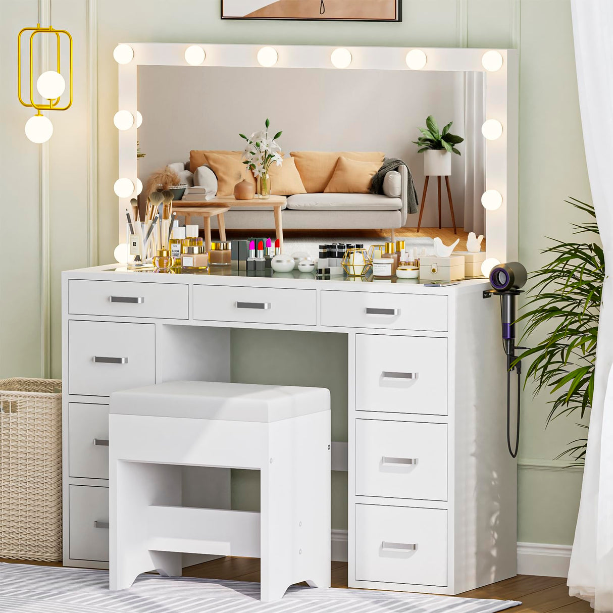 Likein Vanity Desk with Mirror and Lights, 47‘’ Glass Top Vanity with Power Strip, 9 Drawers Makeup Vanity with Lighted Mirror, White Vanity Set with Chair, 3 Lighting Modes Adjustable Brightness Likein