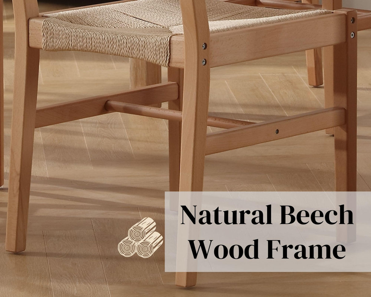 Mid Century Modern Rattan Dining Chairs Set of 2, Natural Beechwood Kitchen Chairs Farmhouse Woven Dining Room Chairs, Armless Boho Cane Wicker Chair Wooden Dining Chairs with Weave Hemp Seat and Back LIVINOVA