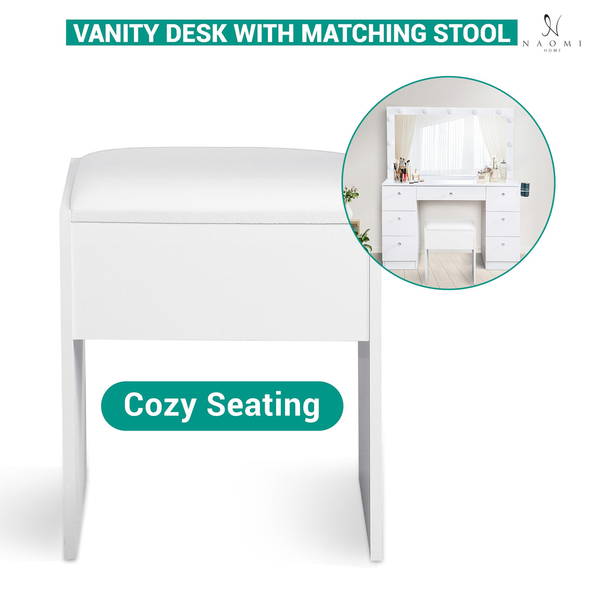 Naomi Home Vera Makeup Vanity with 11 Lights, Vanity Desk with Power Outlet, Makeup Vanity Table with 7 Drawers, Large Mirror, Dressing Vanity Table for Bedroom - White, with Stool Naomi Home