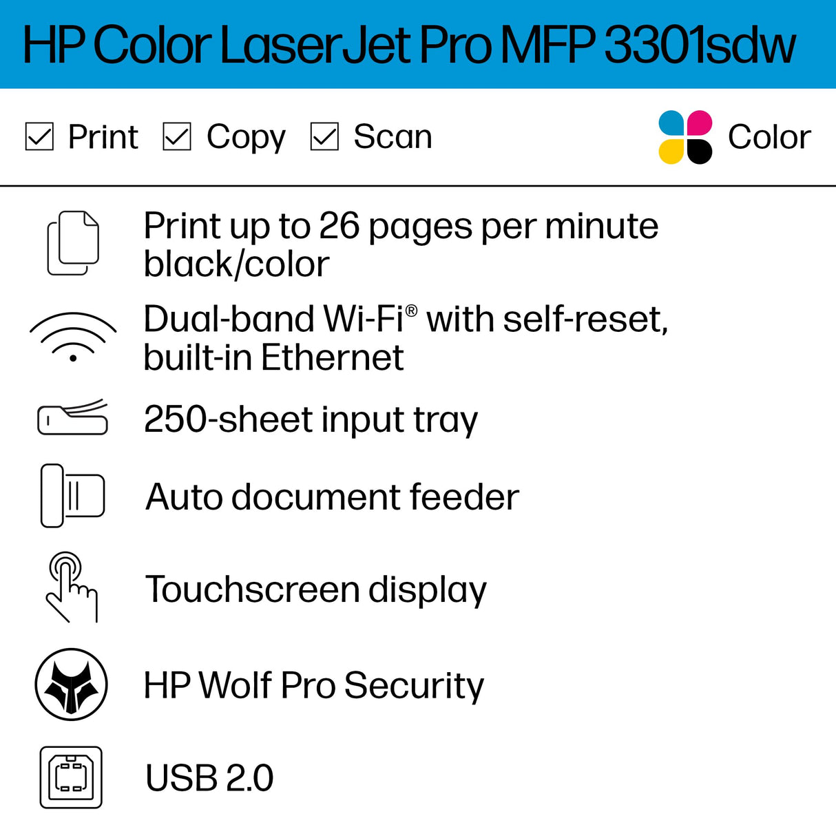 HP Color Laserjet Pro MFP 3301sdw Wireless All-in-One Color Laser Printer, Scanner, Copier, Best-for-Office (499Q3F) HP