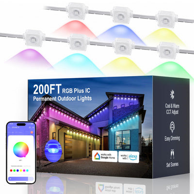 Fussion Permanent Outdoor Lights for House 200ft, IP68 Waterproof Outside Lights with 4 Control Methods, Smart RGB Eaves Lighting for Christmas All Holiday Decorations